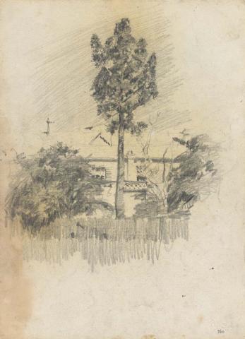 Artwork Tall tree with house this artwork made of Pencil on sketch paper, created in 1914-01-01