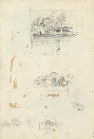 Artwork Landscape with figure; Four drawings of a domed building this artwork made of Pencil on sketch paper, created in 1914-01-01