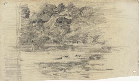 Artwork River bend with boats this artwork made of Pencil on sketch paper, created in 1914-01-01