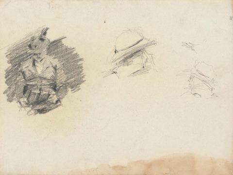 Artwork Woman in a hat reading; Two heads this artwork made of Pencil on sketch paper, created in 1914-01-01