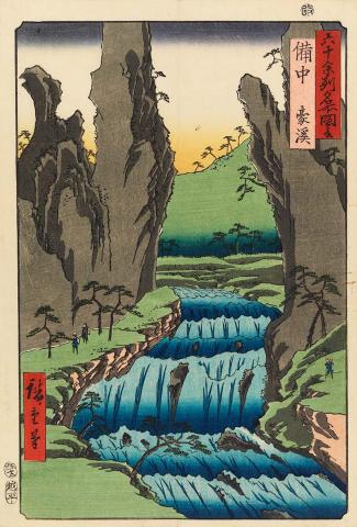 Artwork The Go Gorge at Bitchu Province (from 'Rokujuyoshu meisho zue (Views of famous places of the sixty-odd provinces)' series) this artwork made of Colour woodblock print on paper, created in 1853-01-01