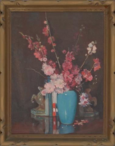 Artwork (Still life with blossoms and bookends) this artwork made of Oil