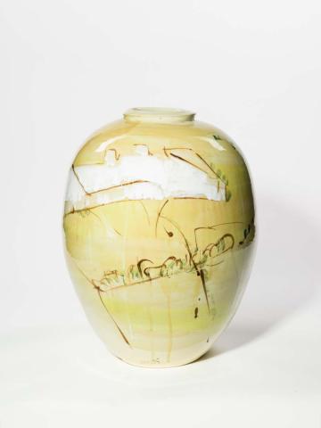 Artwork Moree landscape this artwork made of White clay with underglaze colours beneath clear glaze, created in 1995-01-01