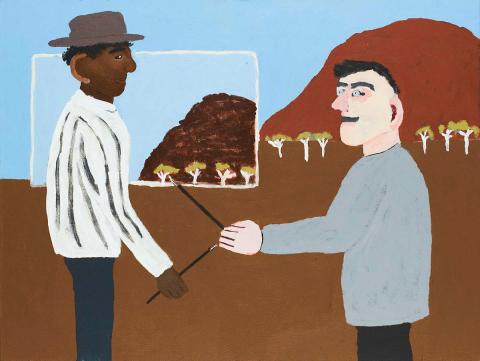 Artwork Albert Namatjira painting with Rex Battarbee (from 'Albert's Story' series) this artwork made of Synthetic polymer paint on linen, created in 2014-01-01