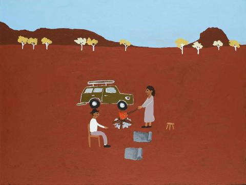Artwork Albert Namatjira is out Namatjira camp to reconnect with the land (from 'Albert's Story' series) this artwork made of Synthetic polymer paint on linen, created in 2014-01-01