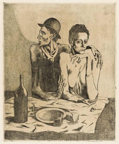 Artwork Le Repas frugal (The frugal meal) (from 'La Suite des Saltimbanques' series) this artwork made of Etching and scraper on Van Gelder Zonen wove paper, created in 1904-01-01