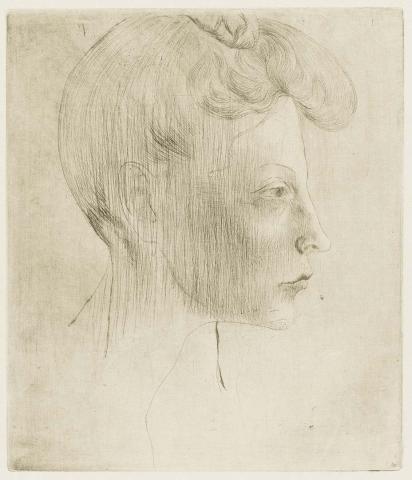 Artwork Tête de Femme de Profil (Head of a woman in profile) (from 'La Suite des Saltimbanques' series) this artwork made of Drypoint on Japon laid paper, created in 1905-01-01