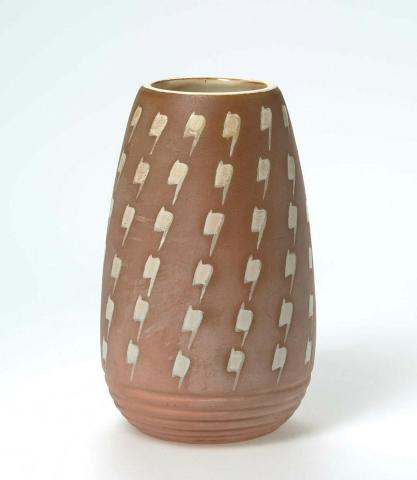 Artwork Vase this artwork made of Terracotta with cream glaze, repeat pattern, created in 1947-01-01