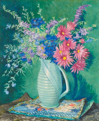 Artwork Green vase with gerberas this artwork made of Watercolour on paper, created in 1948-01-01