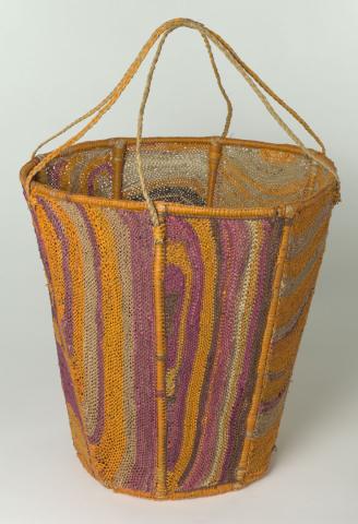 Artwork Basket this artwork made of Cane, pandanus palm leaf (loop stitched and wrapped) with natural dyes and bark fibre string handle, created in 2015-01-01