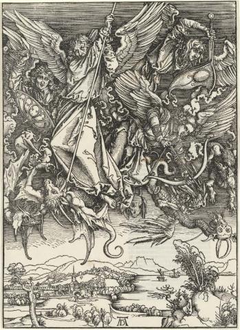 Artwork St Michael Fighting the Dragon (from 'The Apocalypse' series) this artwork made of Woodcut on paper, created in 1497-01-01