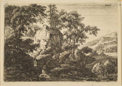 Artwork The Double Cascade (also known as 'The Double Waterfall') (plate 1 from a set of mountain landscapes) this artwork made of Etching on paper, created in 1640-01-01