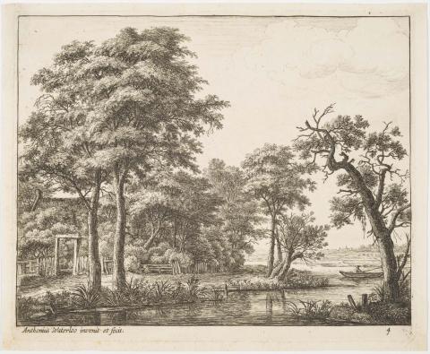 Artwork The Farmhouse on the Banks of the Water (plate 4 of a series of landscapes) this artwork made of Etching on paper, created in 1650-01-01