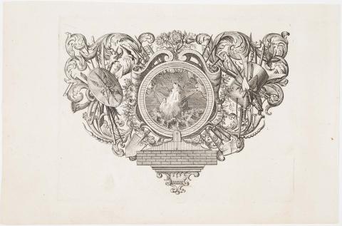 Artwork Emblem with military trophies this artwork made of Etching on laid paper, created in 1700-01-01