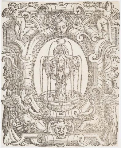 Artwork Imaginary fountain with Mannerist ornamentation this artwork made of Woodcut on laid paper, created in 1566-01-01