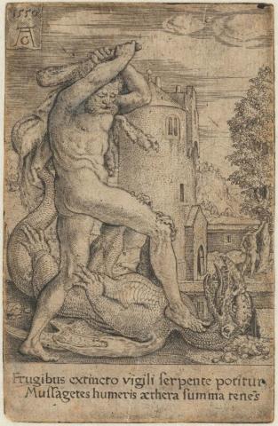 Artwork Hercules Slaying the Dragon Ladon (from 'The Labours of Hercules') this artwork made of Engraving on paper, created in 1550-01-01