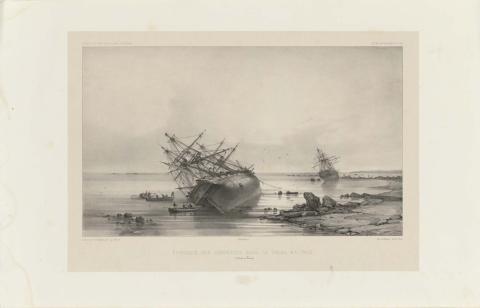 Artwork Echouage des corvettes dans le Canal Mauvais, Detroit de Torres (The grounding of the corvettes in the Canal Mauvais, Torres Strait) (plate 187 from the Atlas Pittoresque of 'Voyage Au Pole Sud Et Dans L’Oceannie' (Official report of Dumont d’Urville’s s this artwork made of Lithograph printed in black ink from one stone on wove paper, created in 1846-01-01