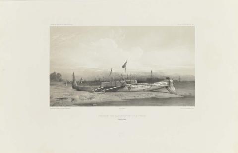 Artwork Pirogue des naturels de L'ile Toud, Detroit de Torres (Canoe of the natives of Tudu Island, Torres Strait) (plate 190 from the Atlas Pittoresque of 'Voyage Au Pole Sud Et Dans L'Oceannie' (Official report of Dumont d'Urville's second voyage), Paris, 1846 this artwork made of Tinted lithograph printed in black ink from one stone on paper, created in 1846-01-01