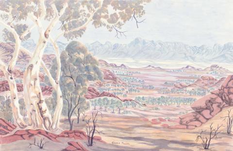 Artwork West MacDonnell Ranges this artwork made of Watercolour on acrylic board, created in 2007-01-01
