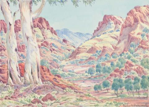 Artwork West MacDonnell Ranges this artwork made of Watercolour on paper with board backing, created in 2009-01-01