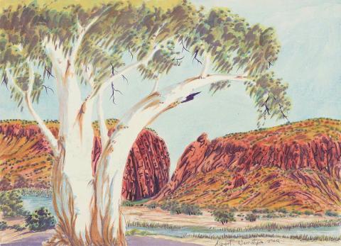 Artwork Glenn Helen in the West MacDonnell Ranges this artwork made of Watercolour on paper with board backing, created in 2009-01-01