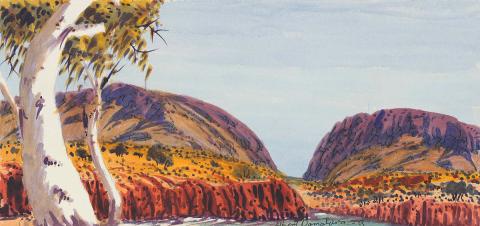Artwork West MacDonnell Ranges this artwork made of Watercolour on paper with board backing, created in 2009-01-01