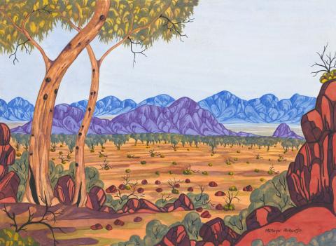 Artwork Central Australian landscape this artwork made of Watercolour on paperboard, created in 2006-01-01
