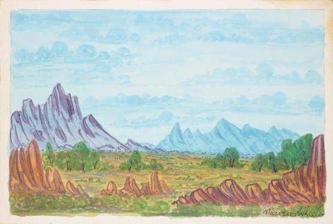 Artwork West MacDonnell Ranges this artwork made of Watercolour on cotton rag board, created in 2005-01-01