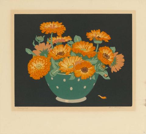 Artwork Marigolds this artwork made of Colour woodcut on card, created in 1920-01-01