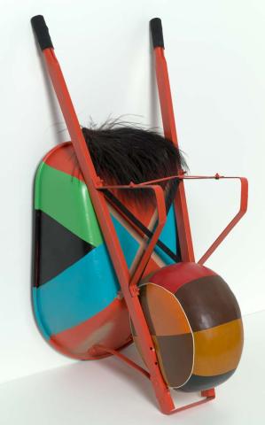 Artwork Mauswara this artwork made of Steel wheelbarrow, synthetic polymer paint, cassowary feathers, vinyl pouf, synthetic wadding, gaffer tape