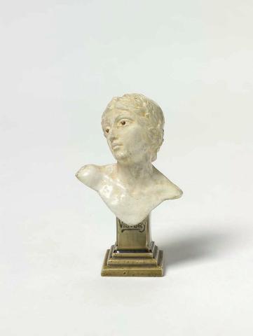 Artwork Victory this artwork made of Earthenware, modelled bust with matte white glaze on olive glazed pedestal, created in 1915-01-01