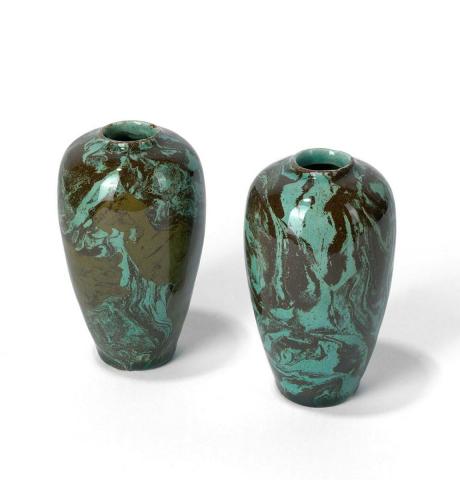 Artwork Pair of pots this artwork made of Earthenware, hand-built mixed clay with green glaze, created in 1920-01-01