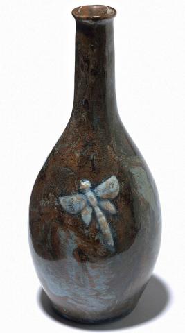 Artwork Specimen vase this artwork made of Earthenware, several colour clays modelled with dragonfly and blue glaze, created in 1920-01-01