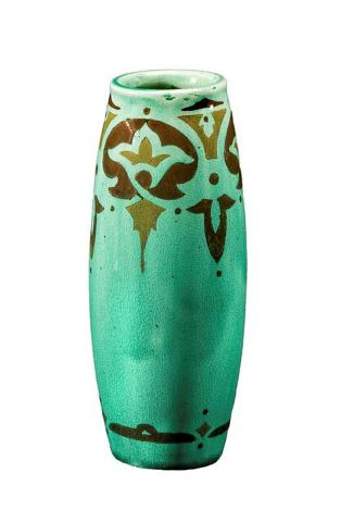 Artwork Swelling vase this artwork made of Earthenware, hand-built swelling cylindrical form with gold and brown clay inlay beneath green glaze, created in 1919-01-01