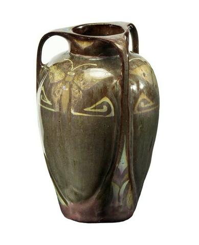 Artwork Three-handled amphora this artwork made of Earthenware, hand built, two colour clays inlaid with butterfly motifs with brown and green. Inlaid also beneath handles, created in 1920-01-01