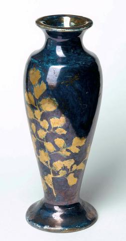Artwork Elongated amphora vase this artwork made of English Rowley China painted with maiden hair fern and dragonfly motif in gilt over blue, created in 1930-01-01