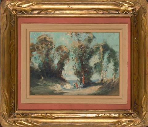 Artwork Idyllic landscape this artwork made of Oil on board (in LJ Harvey frame), created in 1928-01-01