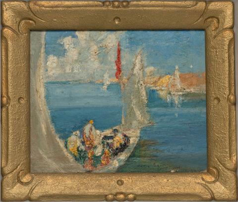 Artwork Four figures in a boat this artwork made of Oil on composition board (in LJ Harvey frame), created in 1944-01-01