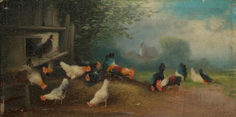 Artwork (Poultry in a landscape) this artwork made of Oil on board (in LJ Harvey frame), created in 1800-01-01