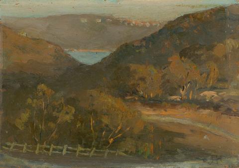 Artwork (Landscape) this artwork made of Oil on board (in LJ Harvey frame), created in 1940-01-01