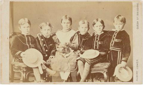 Artwork (Six little children) this artwork made of Albumen photograph on paper mounted on card, created in 1865-01-01