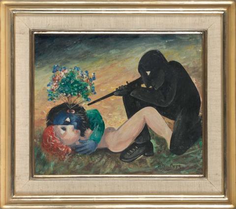 Artwork Persecuted lovers - study this artwork made of Oil and tempera on composition board, created in 1957-01-01