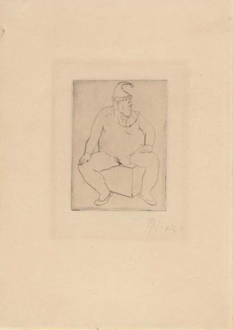Artwork Le Saltimbanque au repos (Sitting acrobat) (from 'La Suite des Saltimbanques' series) this artwork made of Drypoint on laid paper, created in 1905-01-01