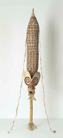 Artwork Namengaqa this artwork made of Mandas mask: barkcloth with natural pigments, synthetic polymer paint, felt pen, bark twine, cane, created in 2017-01-01