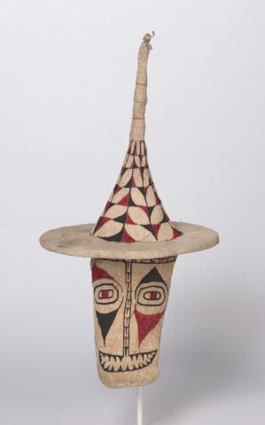 Artwork Varhit this artwork made of Varhit mask and ururaga (aerial): barkcloth with natural pigments, synthetic polymer paint, texta, wood, bark twine, cane, wood, feathers, created in 2017-01-01
