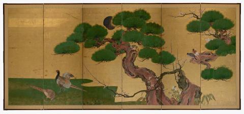Artwork Pair of six-fold screens with pine trees this artwork made of Gold leaf with moriage detail and colour on paper on wooden framed screens
