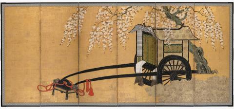 Artwork Six-fold screen with nobleman's cart under a flowering cherry tree this artwork made of Gold leaf, ink and colour on paper on wooden framed screen
