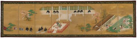 Artwork Eight-fold screen: Scenes from Genji Monogatari (Tale of Genji) this artwork made of Ink and colour on silk on wooden framed screen with four pairs of metal hangers