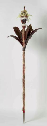 Artwork Ulang (ceremonial spear) this artwork made of Timber, natural fibres and feathers, created in 2018-01-01