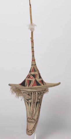 Artwork Varhit this artwork made of Varhit mask and ururaga (aerial): barkcloth with natural pigments, cane, wood, bark twine, feathers, created in 2017-01-01